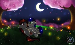 Size: 2000x1200 | Tagged: safe, artist:juliana, artist:julie25609, imported from derpibooru, oc, oc only, oc:mb midnight breeze, oc:se solar eclipse, firefly (insect), insect, pegasus, couple, cuddling, cute, female, hug, hugging a pony, male, mare, moon, night, oc x oc, shipping, stallion, stars, wholesome