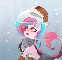 Size: 1363x1320 | Tagged: safe, artist:rexyseven, imported from derpibooru, oc, oc only, oc:koraru koi, merpony, bubble helmet, christmas, hat, holiday, santa hat, snow, snowfall, solo