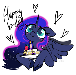 Size: 2941x2894 | Tagged: safe, artist:marsel1nushka, imported from derpibooru, princess luna, alicorn, pony, cake, cute, female, floppy ears, food, fruit, happy birthday, herbivore, lunabetes, simple background, solo, strawberry, white background