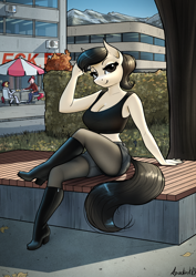 Size: 3508x4961 | Tagged: safe, artist:apocheck13, imported from derpibooru, oc, oc:elya, anthro, earth pony, bench, crossed legs, earth pony oc, female, looking at you, park, park bench, solo
