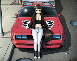 Size: 3000x2400 | Tagged: safe, artist:apocheck13, imported from derpibooru, oc, oc only, oc:elya, anthro, earth pony, breasts, car, cleavage, clothes, converse, denim, earth pony oc, female, ford, ford econoline, jacket, jeans, leaning back, leather, leather jacket, looking at you, midriff, pants, pontiac, pontiac firebird, pontiac trans am, reasonably sized breasts, shoes, solo, street