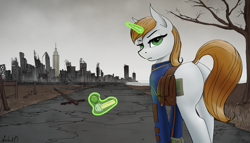 Size: 3500x2000 | Tagged: safe, artist:apocheck13, imported from derpibooru, oc, oc only, oc:littlepip, pony, unicorn, fallout equestria, butt, cloud, day, dock, eyebrows, eyelashes, female, gun, handgun, horn, levitation, lidded eyes, little macintosh, looking at you, looking back, looking back at you, magic, outdoors, plot, pony oc, raised tail, revolver, ruins, solo, tail, telekinesis, tree, unicorn oc, weapon