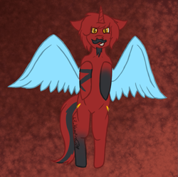 Size: 943x939 | Tagged: safe, artist:lil_vampirecj, imported from derpibooru, oc, oc only, alicorn, pony, alicorn oc, grin, horn, looking at you, raffle, raffle prize, raffle winner, smiling, solo, spread wings, standing, standing on two hooves, wings