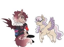 Size: 2701x2007 | Tagged: safe, artist:malinraf1615, imported from derpibooru, oc, oc only, oc:amaranthine, oc:quinn, bat pony, pegasus, pony, derpibooru community collaboration, 2023 community collab, bat pony oc, bisexual pride flag, chibi, clothes, duo, ear fluff, ear piercing, earring, eyeshadow, fangs, female, fingerless gloves, freckles, gloves, jacket, jewelry, leather, leather jacket, looking at each other, looking at someone, makeup, mare, markings, necklace, piercing, pride, pride flag, raised hoof, simple background, sitting, socks, stockings, sunglasses, thigh highs, transparent background, unshorn fetlocks