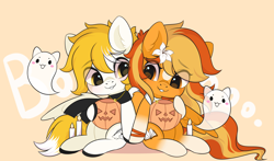 Size: 3000x1767 | Tagged: safe, artist:yomechka, imported from derpibooru, oc, oc only, ghost, pegasus, pony, undead, candle, chibi, commission, duo, eye clipping through hair, pegasus oc, pumpkin bucket, sitting, smiling, wings, ych result