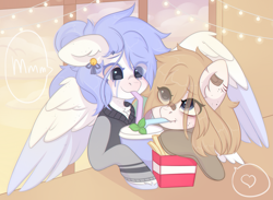 Size: 2975x2175 | Tagged: safe, artist:yomechka, imported from derpibooru, oc, oc only, pegasus, pony, chest fluff, colored wings, duo, ear piercing, earring, female, jewelry, mare, oc x oc, pegasus oc, piercing, sharing a drink, shipping, two toned wings, wings
