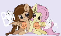 Size: 3000x1767 | Tagged: safe, artist:yomechka, imported from derpibooru, fluttershy, oc, bat pony, ghost, pony, undead, bat ponified, candle, chibi, commission, duo, eye clipping through hair, flutterbat, pumpkin bucket, race swap, sitting, smiling, ych result