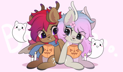 Size: 3000x1767 | Tagged: safe, artist:yomechka, imported from derpibooru, oc, oc only, deer, deer pony, ghost, original species, pony, undead, antlers, candle, chibi, commission, duo, eye clipping through hair, pumpkin bucket, sitting, smiling, wings, ych result