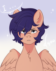 Size: 2000x2541 | Tagged: safe, artist:yomechka, imported from derpibooru, oc, oc only, pegasus, pony, ..., bust, chest fluff, ear fluff, frown, gradient background, male, pegasus oc, solo, stallion, wings