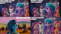 Size: 4400x2475 | Tagged: safe, edit, edited screencap, editor:quoterific, imported from derpibooru, screencap, izzy moonbow, pipp petals, sunny starscout, zipp storm, earth pony, pegasus, pony, unicorn, spoiler:my little pony: make your mark chapter 2, spoiler:myms01e06, 3d, g5, misty brightdawn, my little pony: make your mark, my little pony: make your mark chapter 2, the traditional unicorn sleep-over