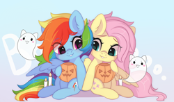 Size: 3000x1767 | Tagged: safe, artist:yomechka, imported from derpibooru, fluttershy, rainbow dash, ghost, pegasus, pony, undead, candle, chibi, commission, duo, eye clipping through hair, female, grin, halloween, high res, holiday, jack-o-lantern, mare, pumpkin, pumpkin bucket, sitting, smiling, ych result