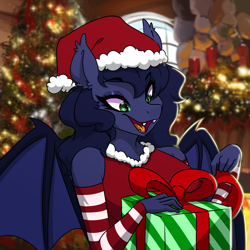 Size: 2000x2000 | Tagged: safe, artist:kennzeichen, imported from derpibooru, oc, oc only, oc:halfmoon, anthro, bat pony, bat pony oc, christmas, christmas lights, christmas tree, clothes, excited, female, happy, hat, holiday, present, ribbon, santa hat, solo, tree