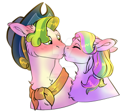 Size: 950x841 | Tagged: safe, artist:malinraf1615, imported from derpibooru, coconut cream, pistachio, earth pony, pony, bandana, blushing, chest fluff, cowboy hat, cute, deviantart watermark, duo, eyes closed, female, hat, kissing, male, mare, obtrusive watermark, older, simple background, stallion, transparent background, watermark