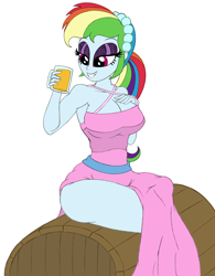 Size: 1500x1920 | Tagged: safe, alternate version, artist:roseluck, derpibooru exclusive, imported from derpibooru, rainbow dash, human, equestria girls, alternate hairstyle, bare shoulders, barrel, big breasts, breasts, bridesmaid, bridesmaid dress, busty rainbow dash, cider, cleavage, clothes, colored sketch, crossed legs, curvy, dress, eyeshadow, female, hand on chest, headband, holding, hourglass figure, keg, lidded eyes, looking at something, makeup, mug, open mouth, open smile, pencil drawing, pink dress, ponytail, raised arm, sash, side slit, simple background, sitting, sleeveless, sleeveless dress, smiling, solo, three quarter view, traditional art, wall of tags, white background, wide hips