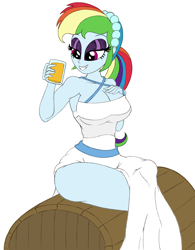 Size: 1500x1920 | Tagged: safe, alternate version, artist:roseluck, derpibooru exclusive, imported from derpibooru, rainbow dash, human, equestria girls, alternate hairstyle, bare shoulders, barrel, big breasts, breasts, bridesmaid, bridesmaid dress, busty rainbow dash, cider, cleavage, clothes, colored sketch, crossed legs, curvy, dress, eyeshadow, female, hand on chest, headband, holding, hourglass figure, keg, lidded eyes, looking at something, makeup, mug, open mouth, open smile, pencil drawing, ponytail, raised arm, sash, side slit, simple background, sitting, sleeveless, sleeveless dress, smiling, solo, three quarter view, traditional art, wall of tags, white background, white dress, wide hips
