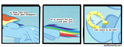 Size: 720x275 | Tagged: safe, edit, edited screencap, imported from ponybooru, screencap, rainbow dash, pegasus, rainbow falls, a softer world, comic, female, flying, horseshoes, love, mare, screencap comic, solo, text