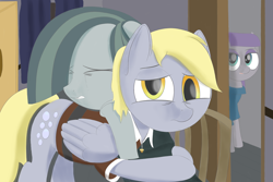 Size: 3000x2000 | Tagged: safe, artist:squishment, derpy hooves, marble pie, maud pie, earth pony, pegasus, alternate hairstyle, chest fluff, clothes, crying, eyes closed, female, high res, hug, mare, open mouth, sad