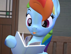 Size: 1032x774 | Tagged: safe, artist:aleshi, imported from derpibooru, rainbow dash, pegasus, pony, 3d, :p, book, cute, dashabetes, female, reading, source filmmaker, tongue out