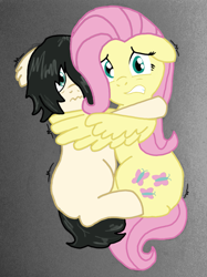 Size: 951x1274 | Tagged: safe, artist:redcrow32, edit, imported from derpibooru, fluttershy, oc, oc:floor bored, earth pony, pegasus, pony, 4chan, adult blank flank, blank flank, colored, friendshipping, holding, monochrome, scared, traditional art, wavy mouth