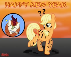 Size: 2003x1592 | Tagged: safe, artist:banquo0, imported from derpibooru, applejack, autumn blaze, big cat, earth pony, kirin, pony, tiger, :3, chinese new year, confused, duo, emanata, eyes closed, female, mouth hold, paintbrush, painted, question mark, striped, year of the tiger