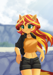 Size: 1000x1407 | Tagged: safe, artist:howxu, imported from derpibooru, sunset shimmer, equestria girls, belly button, blushing, clothes, commission, looking at you, midriff, ponied up, shorts, solo