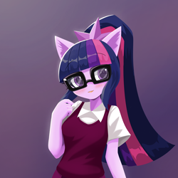 Size: 1000x1000 | Tagged: safe, artist:howxu, imported from derpibooru, sci-twi, twilight sparkle, anthro, blushing, clothes, commission, glasses, gradient background, looking at you, simple background, solo