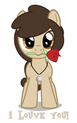 Size: 2450x3900 | Tagged: safe, artist:strategypony, imported from derpibooru, oc, oc only, oc:louvely, earth pony, pony, brown mane, cute, earth pony oc, female, filly, flower, flower in mouth, foal, front view, hearts and hooves day, high res, holiday, hooves, i love you, jewelry, looking at you, mouth hold, necklace, ocbetes, pun, rose, shadow, show accurate, simple background, solo, standing, talking to viewer, text, transparent background, valentine's day