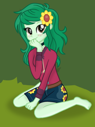 Size: 1080x1454 | Tagged: safe, artist:grapefruit-face, imported from derpibooru, wallflower blush, equestria girls, barefoot, base used, blushing, clothes, cute, feet, flower, flower in hair, flowerbetes, hand on chin, kneeling, looking at you, music festival outfit, outdoors, shorts, show accurate, solo
