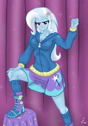 Size: 1280x1833 | Tagged: safe, artist:lennondash, imported from derpibooru, trixie, equestria girls, blushing, boots, breasts, busty trixie, cleavage, clothes, female, hand on knee, hand on leg, hoodie, looking at you, raised arm, seductive, seductive pose, sexy, shoes, skirt, solo, stupid sexy trixie