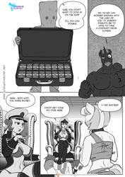 Size: 1200x1697 | Tagged: safe, artist:pia-sama, imported from derpibooru, coco pommel, suri polomare, oc, oc:tri horn, anthro, plantigrade anthro, comic:rogue diamond, breasts, briefcase, busty suri polomare, comic, dialogue, grayscale, money, monochrome, slave, slaver, slavery, speech bubble