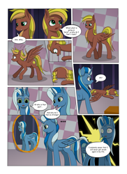 Size: 2904x4000 | Tagged: safe, artist:palibrik, imported from derpibooru, oc, oc:gusty guide, oc:shocker streak, alicorn, earth pony, pegasus, pony, unicorn, comic:securing a sentinel, alicorn oc, butt, carousel boutique, comic, commissioner:bigonionbean, cutie mark, dialogue, drunk, faceplant, flank, fusion, fusion:compass star, fusion:evening star, fusion:party favor, fusion:thunderlane, high res, horn, magic, male, mirror, offscreen character, plot, ponyville, potion, reflection, sequence, shocked, shocked expression, stallion, stretching, surprised, wings