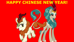 Size: 1920x1080 | Tagged: safe, artist:aeonkrow, artist:dragonchaser123, imported from derpibooru, autumn blaze, rain shine, kirin, chinese new year, duo, female, open mouth, red background, simple background, smiling