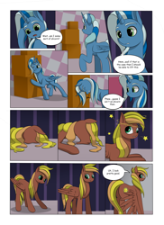 Size: 2904x4000 | Tagged: safe, artist:palibrik, imported from derpibooru, oc, oc:gusty guide, oc:shocker streak, alicorn, earth pony, pegasus, pony, unicorn, comic:securing a sentinel, alicorn oc, boxes, butt, carousel boutique, comic, commissioner:bigonionbean, cutie mark, dialogue, dizzy, drunk, faceplant, flank, fusion, fusion:compass star, fusion:evening star, fusion:party favor, fusion:thunderlane, high res, horn, magic, male, mirror, offscreen character, plot, ponyville, potion, pushing, reflection, sequence, shocked, shocked expression, stallion, stretching, surprised, wings