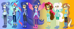 Size: 1600x623 | Tagged: safe, artist:krystal-red-squirrel, artist:selenaede, imported from derpibooru, oc, oc only, equestria girls, base used, boots, clothes, clothes swap, crystal guardian, dress, female, high heel boots, high heels, pants, platform heels, ponied up, shoes, skirt, super ponied up