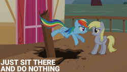 Size: 1280x720 | Tagged: safe, edit, edited screencap, editor:quoterific, imported from derpibooru, screencap, derpy hooves, rainbow dash, pegasus, pony, season 2, the last roundup, duo, female, flying, mare, wings