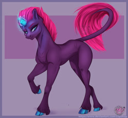 Size: 1280x1178 | Tagged: safe, artist:copshop, imported from derpibooru, tempest shadow, classical unicorn, pony, unicorn, broken horn, cloven hooves, glowing, glowing horn, horn, leonine tail, muscles, solo, tail, unshorn fetlocks