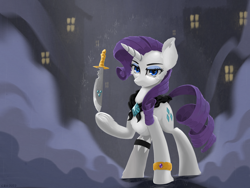 Size: 2048x1536 | Tagged: safe, artist:qzygugu, imported from derpibooru, rarity, pony, unicorn, assassin, balancing, clothes, dagger, female, fog, gemstones, looking at you, mare, rain, scarf, smoke, solo, special agent, underhoof, weapon