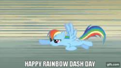 Size: 640x360 | Tagged: safe, edit, edited screencap, editor:quoterific, imported from derpibooru, screencap, rainbow dash, pegasus, pony, boast busters, season 1, animated, eyes closed, female, flying, gif, gifs.com, impact font, mare, rainbow, rainbow dash day, smiling, solo, spread wings, text, wings