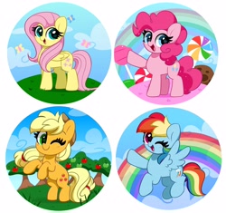 Size: 4096x3848 | Tagged: safe, artist:kittyrosie, imported from derpibooru, applejack, fluttershy, pinkie pie, rainbow dash, butterfly, earth pony, pegasus, pony, apple, apple tree, applejack's hat, backwards cutie mark, blushing, candy, cloud, cookie, cowboy hat, cute, dashabetes, diapinkes, female, flying, food, hat, jackabetes, lollipop, looking at you, mare, one eye closed, open mouth, open smile, rainbow, shyabetes, smiling, spread wings, starry eyes, tree, wingding eyes, wings, wink, winking at you