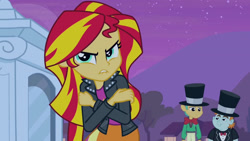 Size: 3410x1920 | Tagged: safe, imported from derpibooru, screencap, snails, snips, sunset shimmer, human, equestria girls, equestria girls (movie), clothes, cutie mark on clothes, female, frown, hat, high res, jacket, leather, leather jacket, lip bite, male, night, statue, top hat, trio