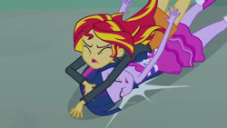 Size: 3410x1920 | Tagged: safe, imported from derpibooru, screencap, sunset shimmer, twilight sparkle, equestria girls, equestria girls (movie), bare shoulders, clothes, duo, duo female, eyes closed, fall formal outfits, female, high res, jacket, leather, leather jacket, night, open mouth, out of context, sleeveless, strapless, twilight ball dress