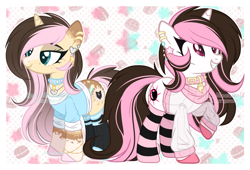 Size: 2723x1854 | Tagged: safe, artist:pegasski, artist:red_moonwolf, edit, imported from derpibooru, oc, oc only, oc:eclipsed moonwolf, pony, unicorn, base used, clothes, coat markings, collar, duo, ear piercing, horn, jewelry, looking at something, necklace, piercing, raised hoof, self paradox, self ponidox, simple background, smiling, socks, socks (coat markings), striped socks, sweater, unicorn oc, watermark