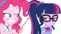 Size: 5597x3178 | Tagged: safe, artist:sketchmcreations, imported from derpibooru, pinkie pie, sci-twi, twilight sparkle, equestria girls, equestria girls series, holidays unwrapped, spoiler:eqg series (season 2), bowtie, disappointed, drumsticks, duo, female, geode of sugar bombs, geode of telekinesis, glasses, grin, lidded eyes, looking at each other, looking at someone, magical geodes, o come all ye squashful, simple background, smiling, transparent background, vector