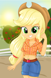 Size: 650x997 | Tagged: safe, artist:fluttershy_art.nurul, imported from derpibooru, applejack, equestria girls, apple, apple tree, applejack's hat, beautiful, belly button, clothes, cowboy hat, cute, draw, female, food, freckles, green eyes, hat, jackabetes, jeans, looking at you, midriff, pants, shorts, smiling, sun, sweet apple acres, tree