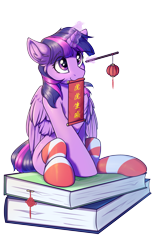 Size: 2200x3600 | Tagged: safe, artist:ravistdash, imported from derpibooru, twilight sparkle, alicorn, pony, book, chest fluff, china, chinese, chinese new year, clothes, cute, ear fluff, female, fimtale, glowing, glowing horn, horn, lantern, lunar new year, mare, mouth hold, simple background, sitting, smiling, socks, solo, striped socks, transparent background, twiabetes, twilight sparkle (alicorn)