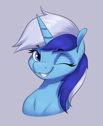 Size: 2272x2766 | Tagged: safe, artist:aquaticvibes, imported from derpibooru, minuette, pony, unicorn, bust, cute, eyebrows, eyebrows visible through hair, female, looking at you, mare, minubetes, one eye closed, portrait, shiny teeth, smiling, solo, wink, winking at you