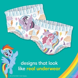Size: 1500x1500 | Tagged: safe, imported from derpibooru, pinkie pie, rainbow dash, twilight sparkle, alicorn, earth pony, pegasus, pony, :d, cloud, diaper, female, flying, grin, hooves, horn, mare, merchandise, on a cloud, open mouth, open smile, pampers, pampers easy ups, pullup (diaper), raised hoof, smiling, spread wings, standing, standing on a cloud, twilight sparkle (alicorn), wings