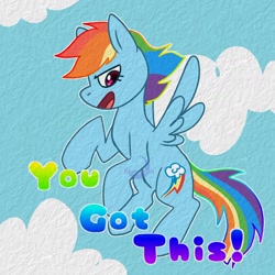 Size: 1440x1439 | Tagged: safe, artist:bluemoon, imported from derpibooru, rainbow dash, pegasus, pony, backwards cutie mark, cloud, flying, motivational, open mouth, positive ponies, solo