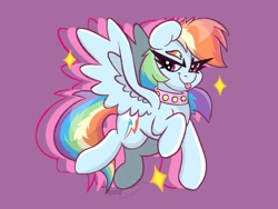 Size: 2048x1536 | Tagged: safe, artist:allicoot, imported from derpibooru, rainbow dash, pegasus, pony, collar, flying, simple background, solo, tongue out