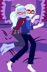 Size: 1871x2816 | Tagged: safe, artist:robertsonskywa1, imported from derpibooru, sugarcoat, equestria girls, barefoot, bed, clothes, crossover, crossover shipping, crystal prep academy uniform, crystal prep shadowbolts, cuddling, drift, drift (transformers), equestria girls-ified, eyes closed, feet, glasses, hug, leggings, pillow, school uniform, shipping, skirt, transformers